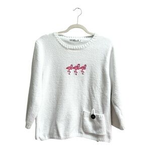 Lulu-B Soft White Chenille Textured Sweater Flamingo Embroidery Size Large